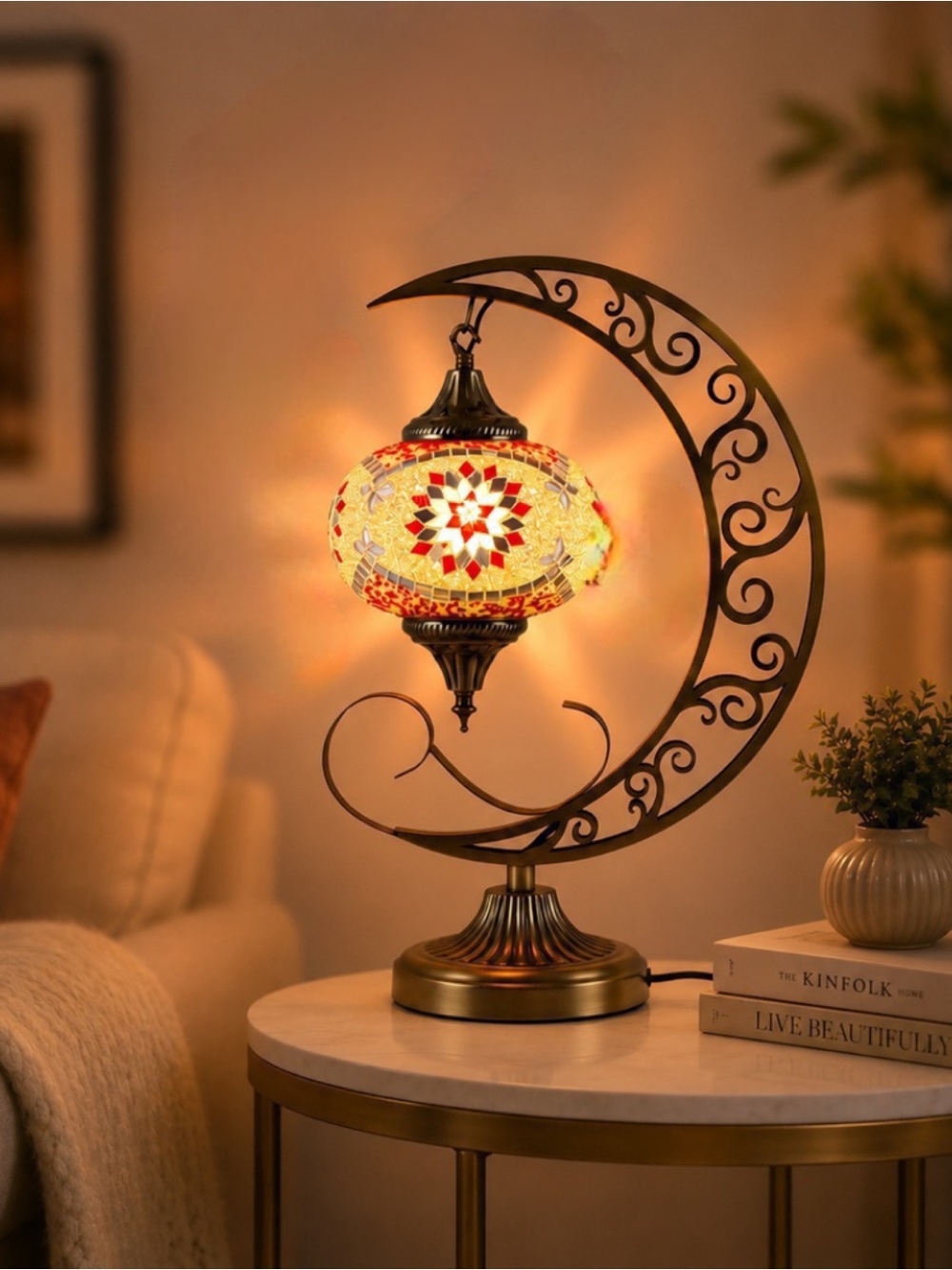 Moon-Crescent Mosaic Lantern Table Lamp - Amber & Red